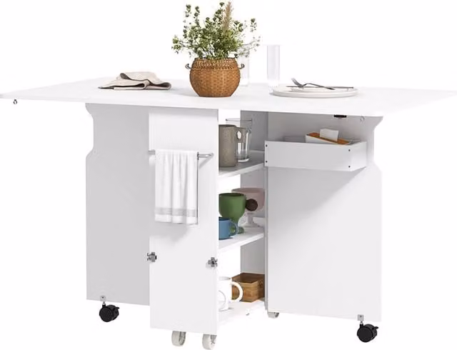 Tavolo a ribalta pieghevole Minimal con 3 ripiani e ruote, Bianco, L: 130 cm, P: 80 cm, H: 76.5 cm