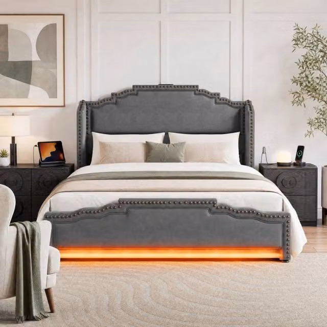 Letto 160x200 cm in velluto grigio con LED; 4 cassetti e USB/Type-C