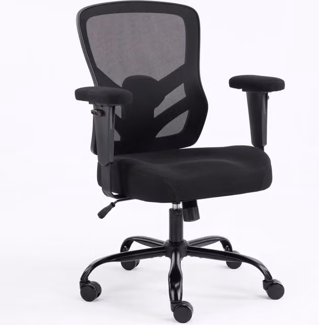 Sedia da ufficio ergonomica moderna in pelle e tessuto con braccioli e supporto lombare, nero