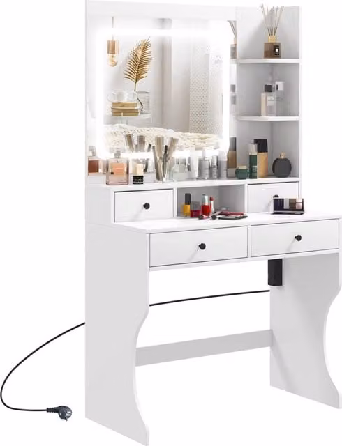 Consolle Trucco Hollywood con Luci LED a 3 Tonalità, Specchio e Prese USB GIORDANOSHOP Bianco, L 90 x P 45 x H 160 cm