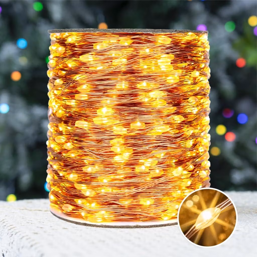 Catena luminosa a LED, 60 metri, 600 LED bianco caldo, filo di rame, grado di protezione IP44, con telecomando