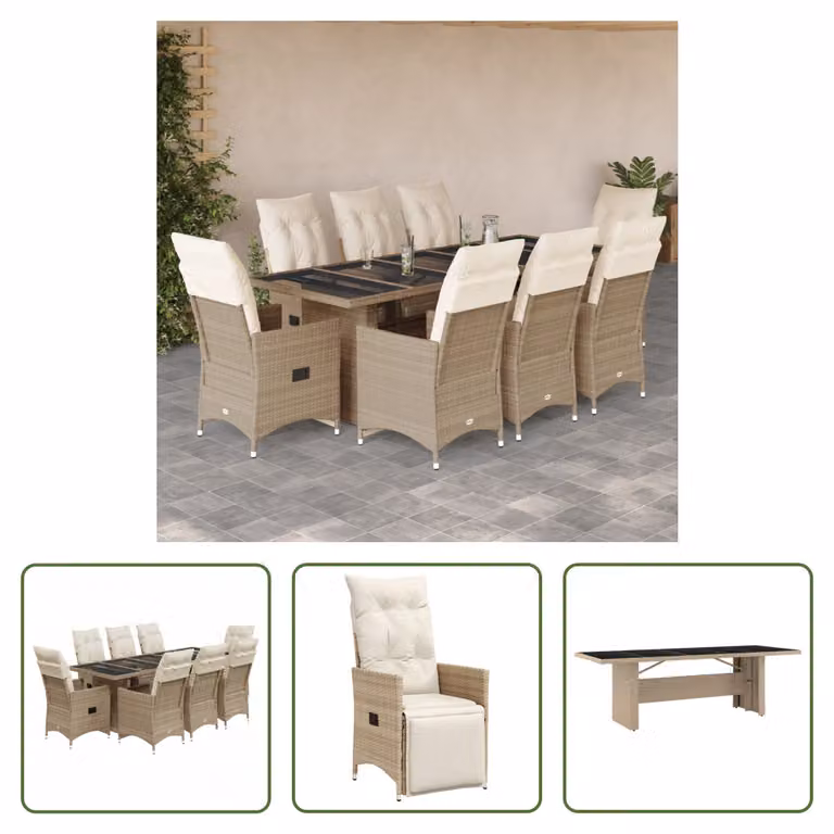 The Living Store Set bistrot da giardino 9 pezzi con cuscini Beige in poly rattan