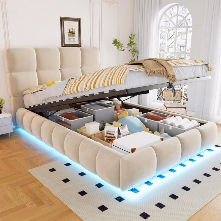 Letto matrimoniale idraulico imbottito 90x200 cm con spazio contenitore, letto singolo per ragazzi, letto con contenitore e rete a doghe, letto a molle con rivestimento in velluto, color beige