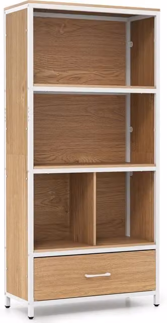 Mobile da soggiorno alto DESIGN IN con scomparti e cassetto in tessuto beige, Libreria moderna con antiribaltamento per studio e ufficio, L: 68.0 cm, P: 30.5 cm, H: 142.5 cm – 1