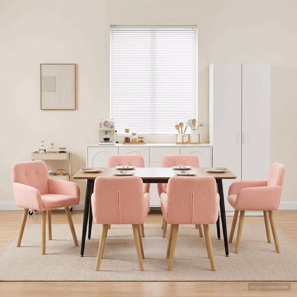 Set di 6 sedie da pranzo vidaXL in tessuto bouclé rosa con struttura in legno e metallo, L: 59 cm, P: 56,5 cm, H: 85 cm