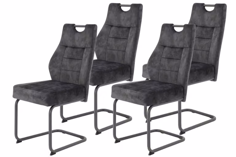 Tavoli Hela, set di 4 sedie a sbalzo LINDA - Rivestimento in velluto antracite - Seduta comoda con rete a molle - Schienale con maniglia - Struttura in metallo grigio - Portata massima 140 kg