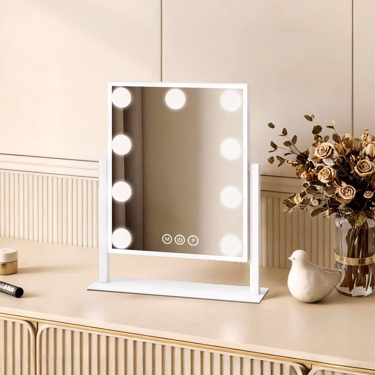 Specchio cosmetico EMKE con illuminazione a LED 36X30,5 cm Specchio da trucco Ingrandimento 7x 3 colori di luce Dimmerabile Ruotabile a 360°, bianco