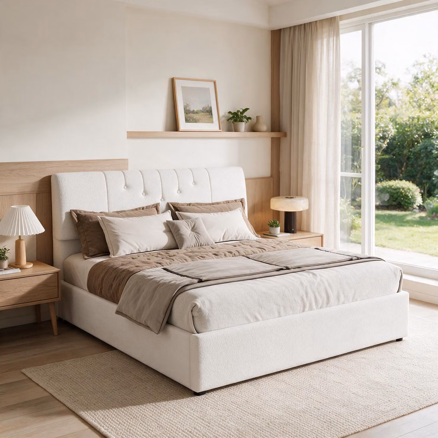 Letto imbottito idraulico INONEFT, 160x200 cm, con prese USB, letto per giovani con schienale regolabile, struttura del letto con rete a doghe, tessuto tipo "teddy", colore bianco