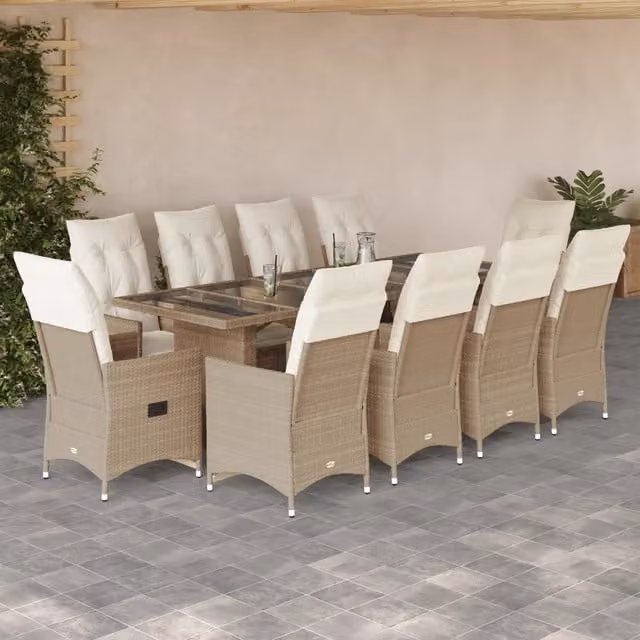 Set Bistrò da Giardino vidaXL in Polyrattan Beige e Bianco con 11 Pezzi e Cuscini