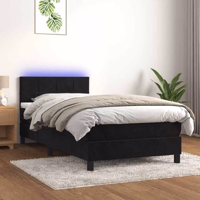 Letto Ibrido vidaXL in Velluto Nero con Materasso, Illuminazione LED Sotto il Letto e Porta USB, L 80 x P 200 cm