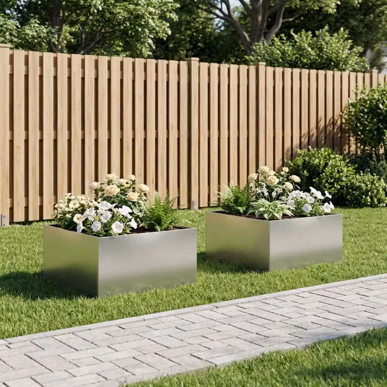 Set di 2 vasi da giardino vidaXL in acciaio inox color argento, L 80 x P 80 x H 40 cm