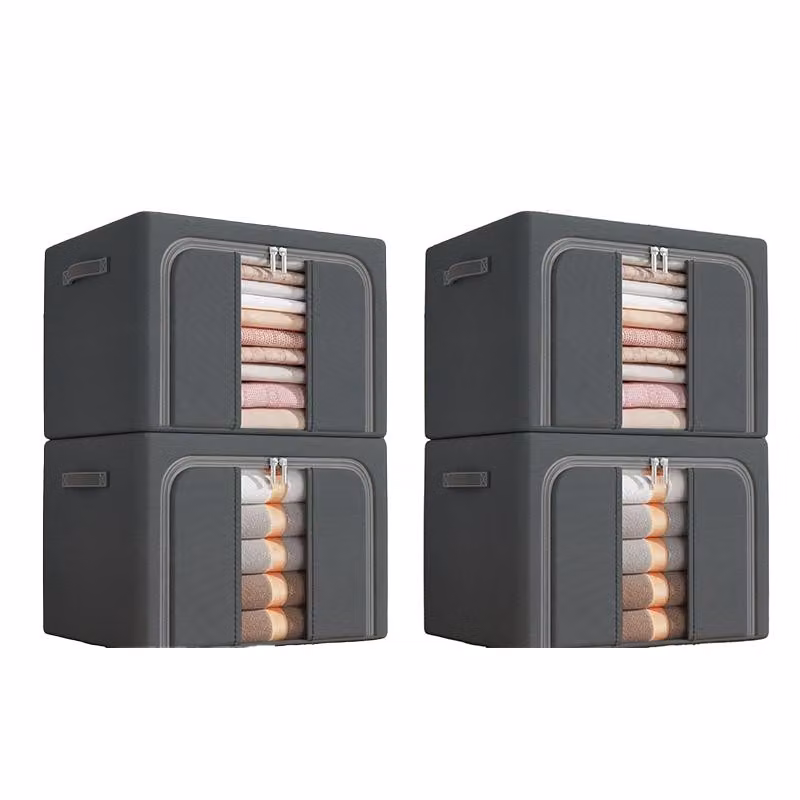 set di 4 scatole portaoggetti in tessuto Oxford, impermeabile, pieghevole, 100L, scomparti, per vestiti e guardaroba, con finestra di visualizzazione, grigio scuro