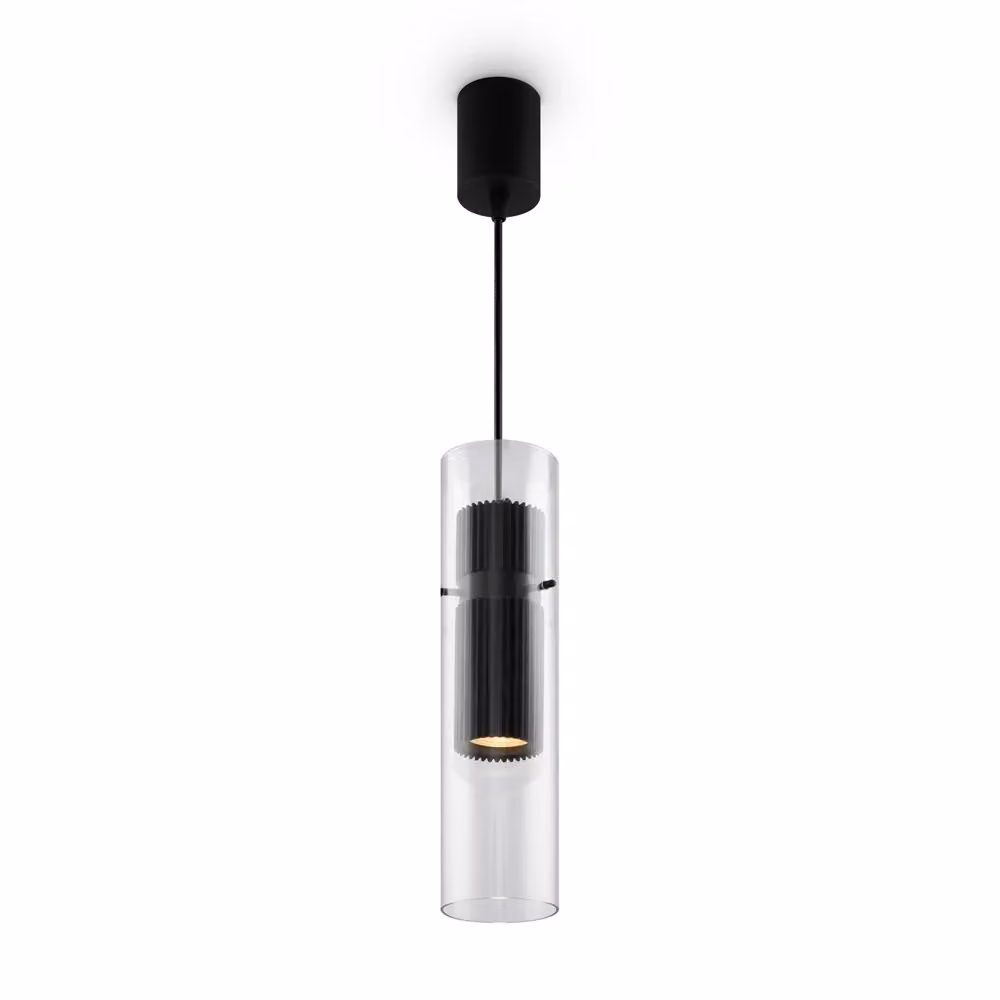 Lampada a sospensione moderna Maytoni Dynamics in vetro trasparente e metallo nero, forma cilindrica, H: 32 cm – 2