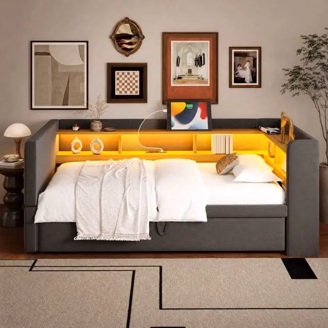 Divano letto 90/180 x 190 cm con contenitori; LED e prese; in flanella grigio scuro