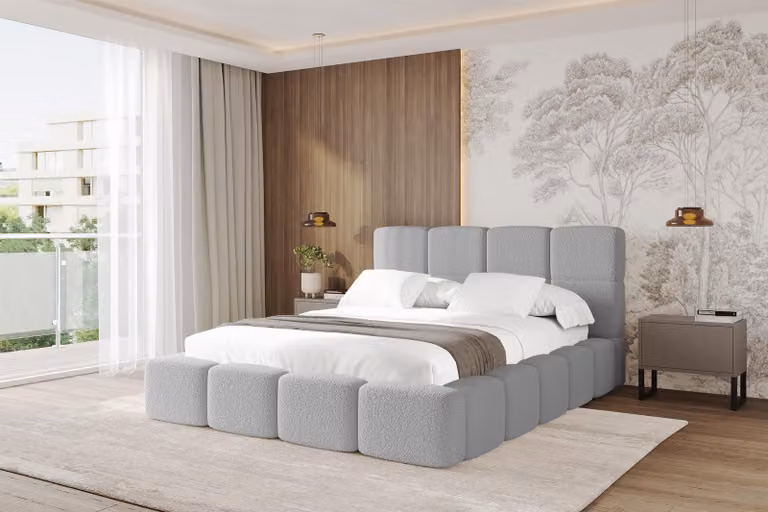 Letto imbottito ALTDECOR con contenitore - NATA 140x200 grigio chiaro, letto con testiera, letto contenitore senza materasso, letto matrimoniale con spazio contenitivo