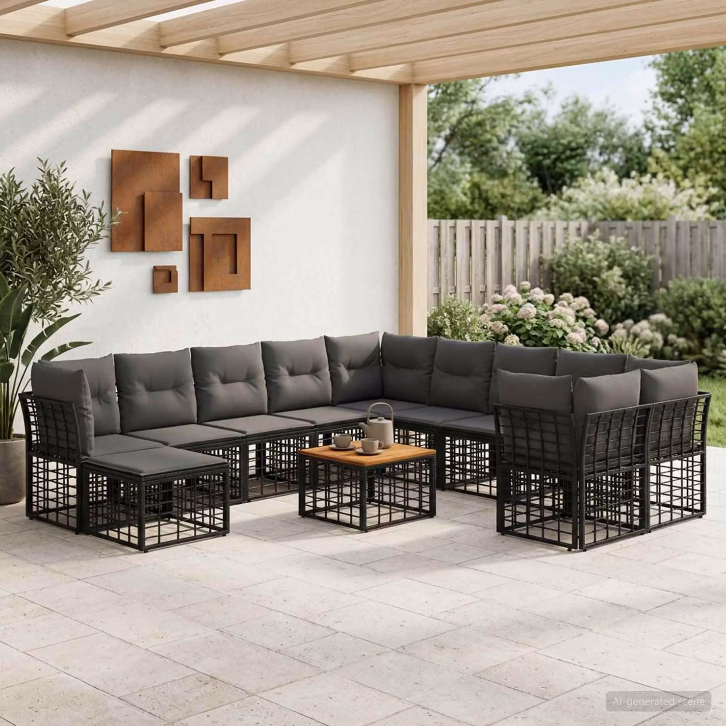 Set di divani da esterno vidaXL 12 pezzi a forma di U con tavolino e pouf, colore nero e grigio, struttura in acciaio verniciato a polvere e tessuto resistente alle intemperie