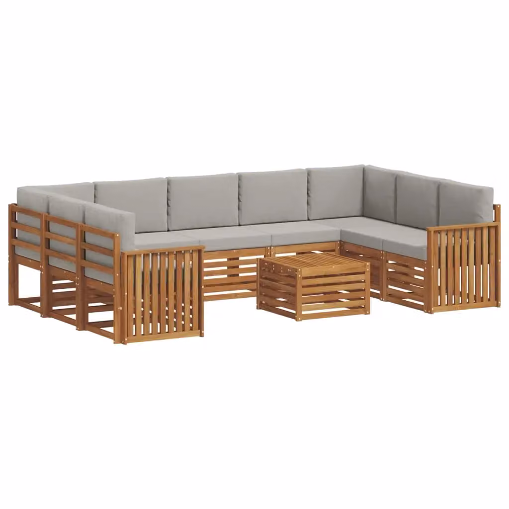 Set di divani da esterno a forma di U vidaXL in legno di acacia con cuscini beige e grigi e tavolino da caffè – 2