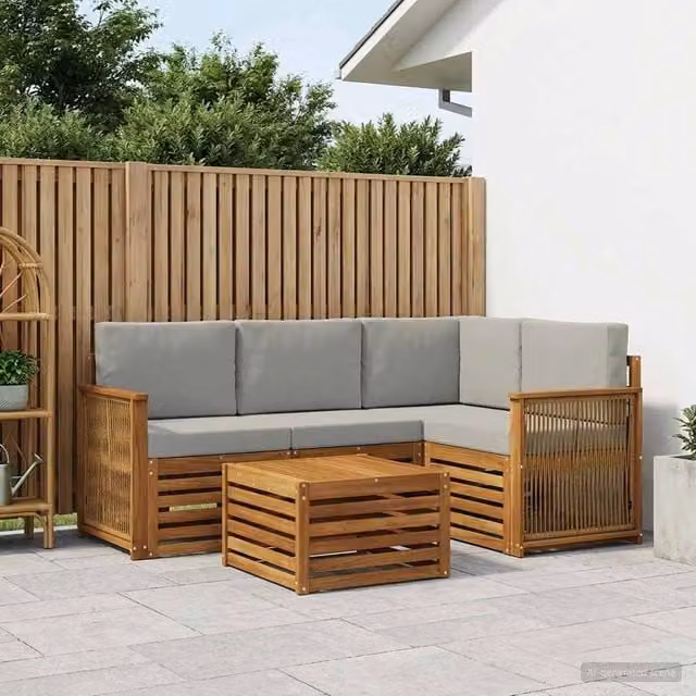 Set di divani da esterno a L vidaXL in legno di acacia con tavolo da caffè, colore marrone e grigio – 1
