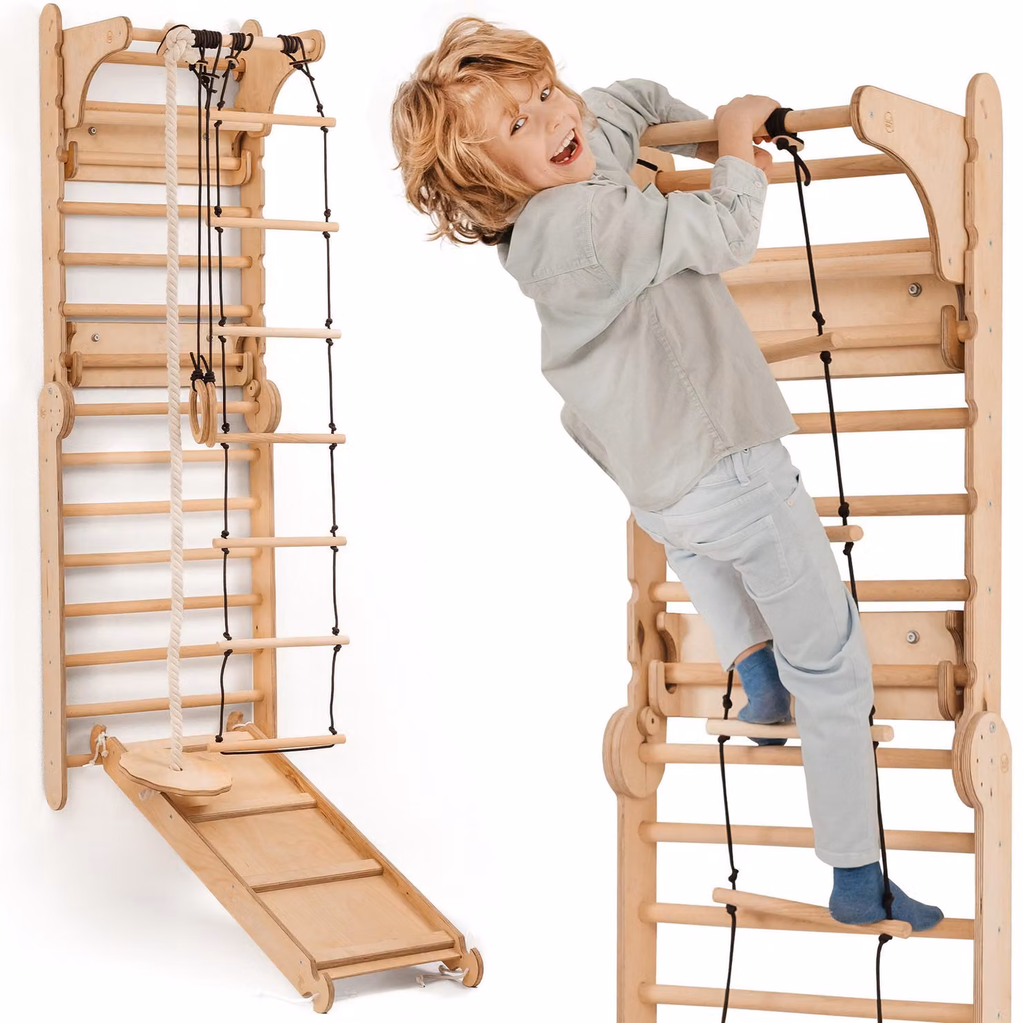Set 6 in 1 con parete da arrampicata in legno e scivolo – Set versatile a forma di triangolo per bambini con scaletta, scivolo e barre parallele – Perfetto per bambini dai 2 ai 12 anni