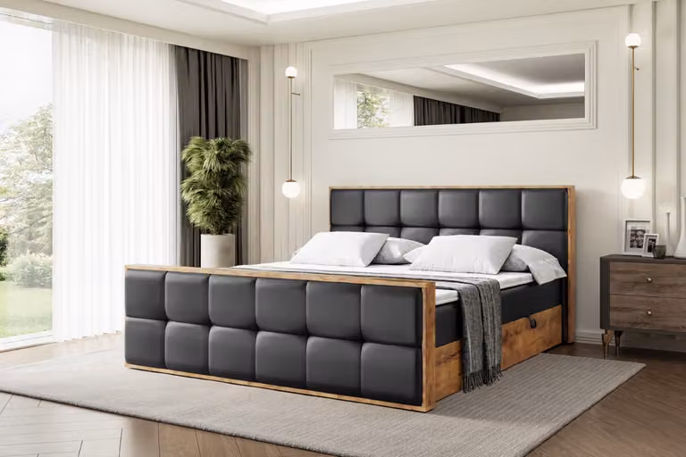 Letto boxspring ALTDECOR con materasso e rete a doghe, coprimaterasso, pediera, letto imbottito con contenitore, letto con spazio contenitivo e materasso H3, letto matrimoniale, letto a cassettoni - LOLLI7-Z - 180x200 - Ecopelle nera