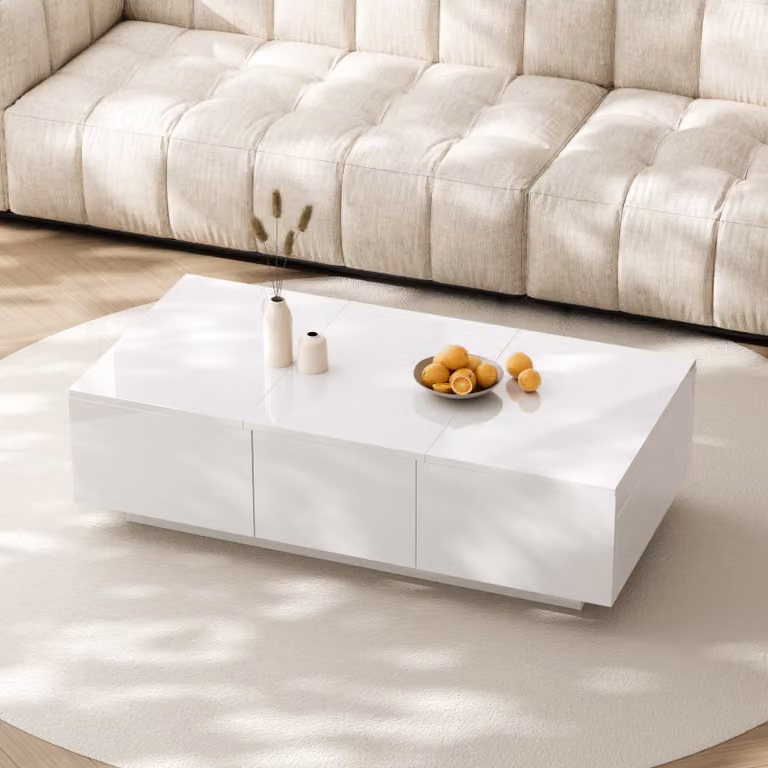 Tavolino, tavolino da salotto lucido con sistema a cassetti push-pull, bianco