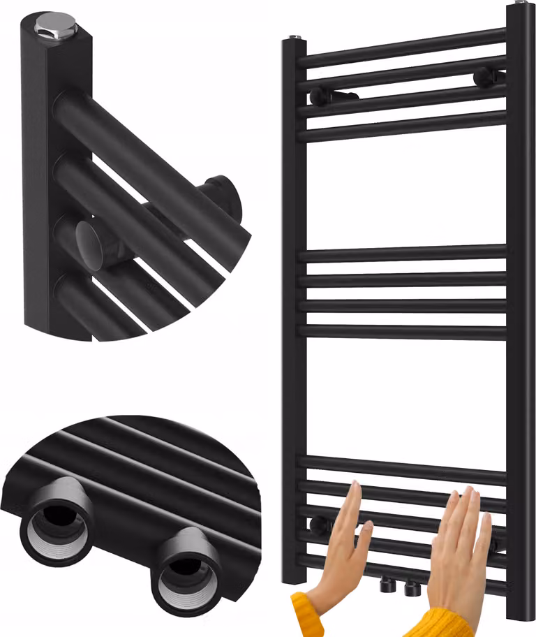 Granitan - Termoarredo bagno - Scaldasalviette 90x50 cm - Radiatore nero - portasciugamani - RAVEN