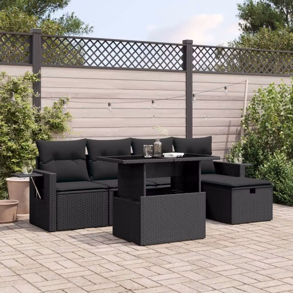 Set Divano da Giardino vidaXL 6 pz in Polyrattan Nero con Cuscini e Tavolino da Esterno – 1