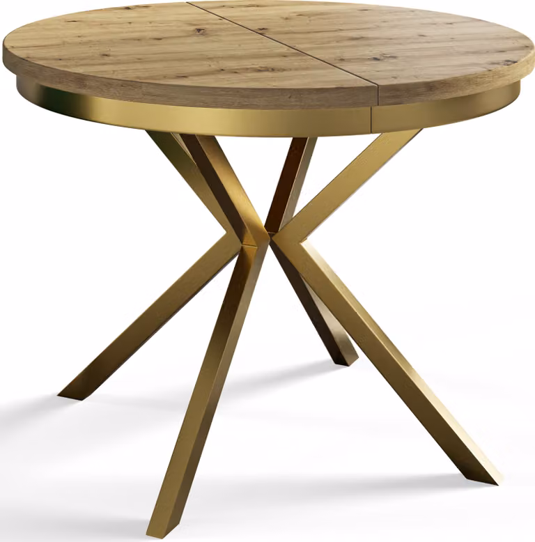 Tavolo da pranzo rotondo BERG, tavolo allungabile diametro: 100 cm/180 cm, tavolo da soggiorno colore: marrone opaco, con gambe in metallo color oro