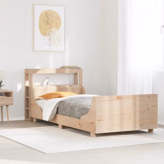 Letto singolo in legno massello di pino VIDAXL color marrone con ripiani laterali e doghe in legno L: 190 cm, P: 82 cm, H: 81 cm