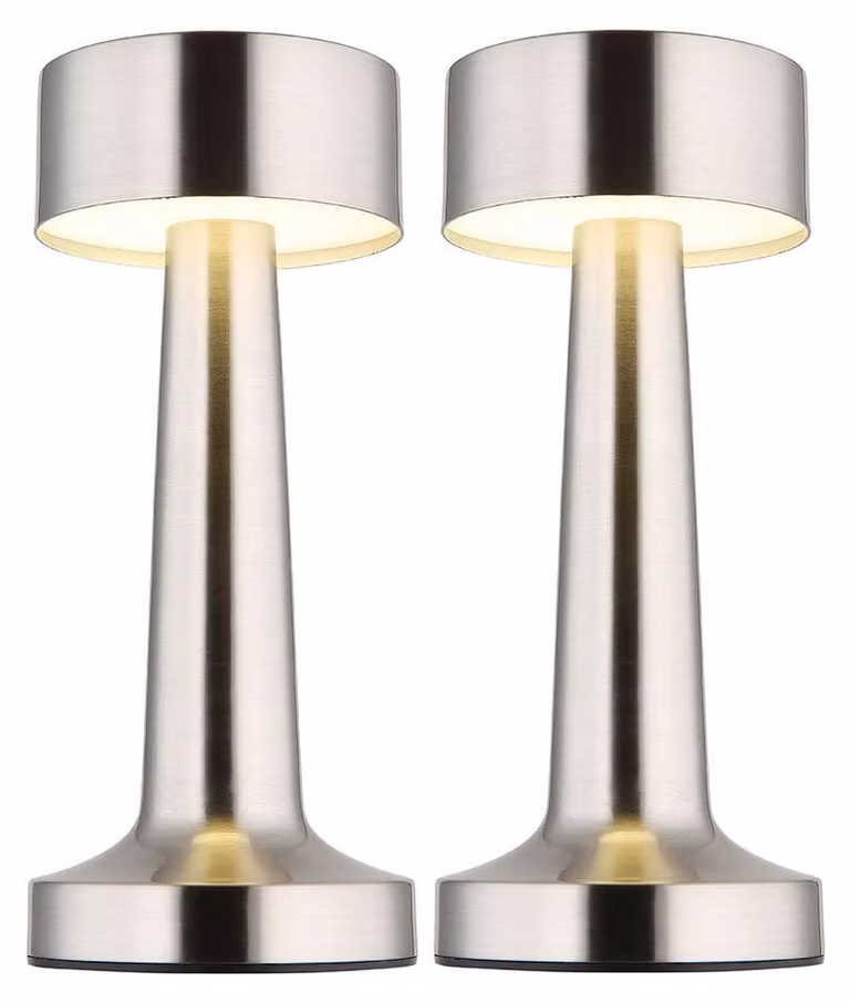 Lampada da tavolo LED, finitura nickel opaco, dimmer touch, alimentazione a batteria, altezza 21 cm