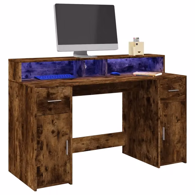 Scrivania con Luci LED Rovere Fumo 140x55x91 cm in Multistrato 3309424