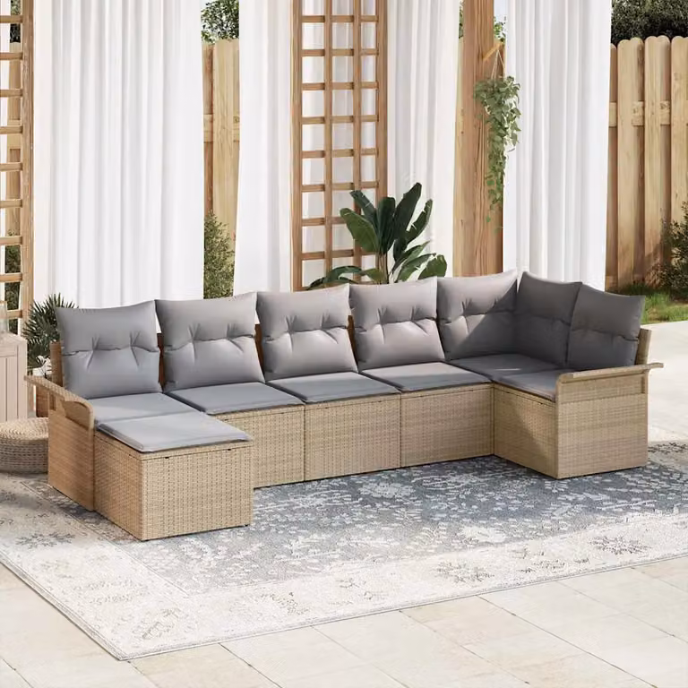 Set Divano da Giardino vidaXL 7 Pezzi in Polyrattan Beige con Cuscini e Tavolino da Esterno