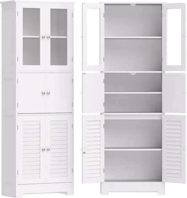 Mobiletto da Bagno Alto HOMCOM Bianco con Ante in Vetro e Ripiani Regolabili – 1