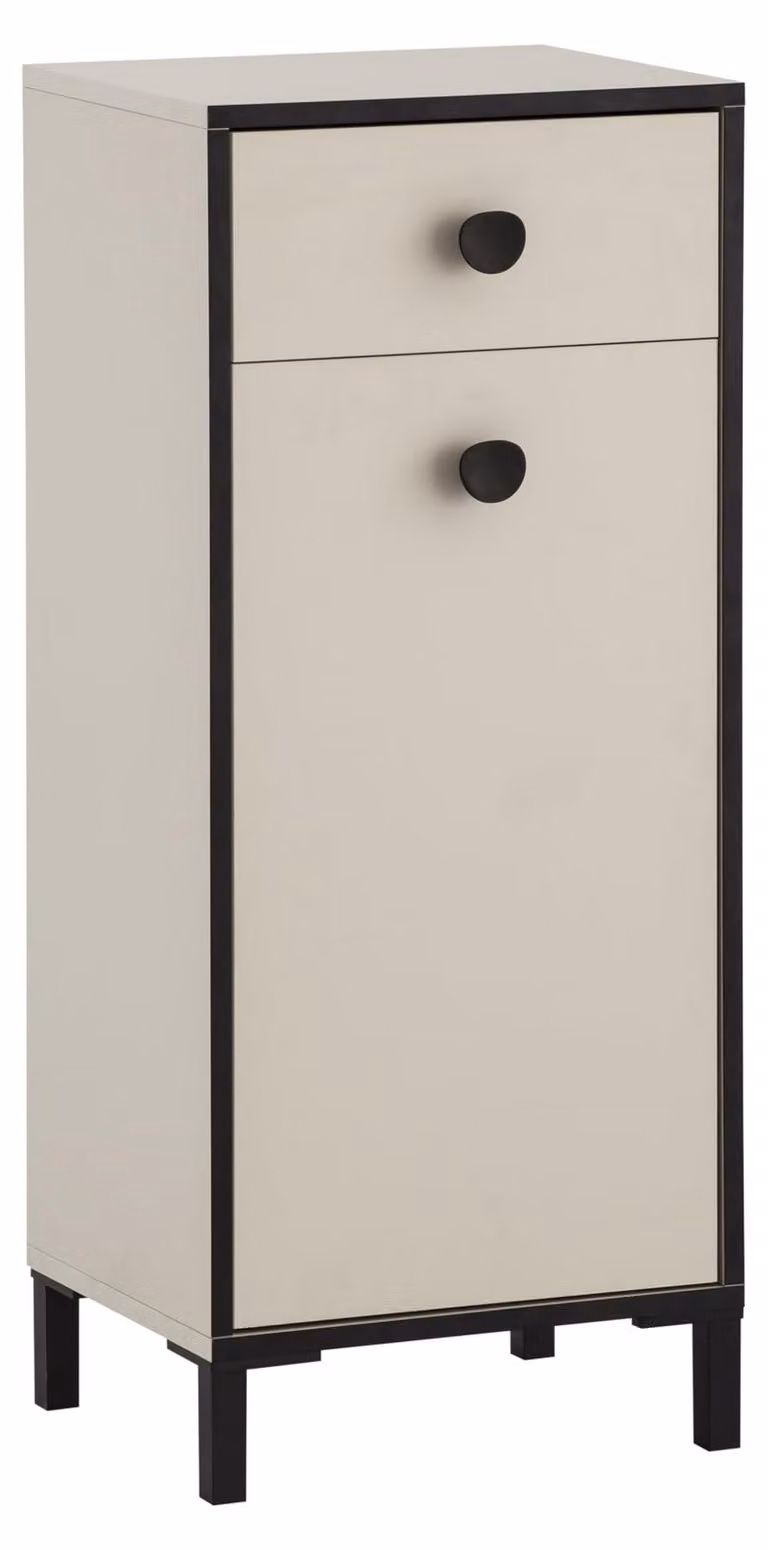 Mobile contenitore color crema, dimensioni 40,3 x 33,5 x 96,4 cm, con 1 anta e 1 cassetto