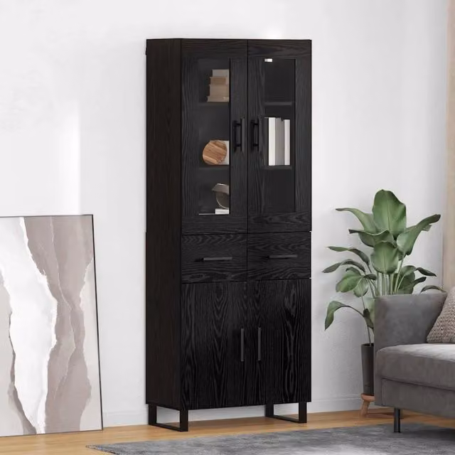 Credenza 2 pz-Set di 2 Buffet-Armadio da cucina Rovere Nero Legno Stratificato e Vetro 777506