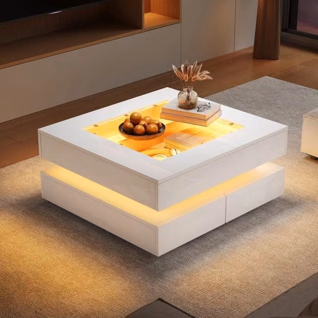 Tavolino da caffè Minimal bianco lucido con piano in vetro temperato, 3 cassetti e illuminazione LED, L/P/H: 70 x 70 x 35 cm