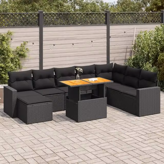 Set Divani da Giardino 9 pz con Cuscini Nero in Polyrattan 3327072