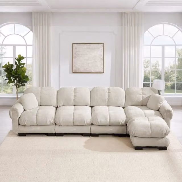Divano angolare a L Mivray color beige con ottomana e cuscini inclusi, design moderno per il tuo soggiorno, L 330 x P 97 x H 90 cm