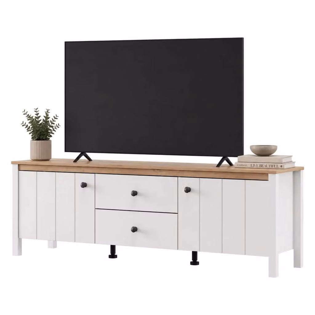 DMORA Mobile Porta TV Moderno con Cassetto, Bianco Opaco e Legno, L: 163 cm, P: 40 cm, H: 53 cm – 2