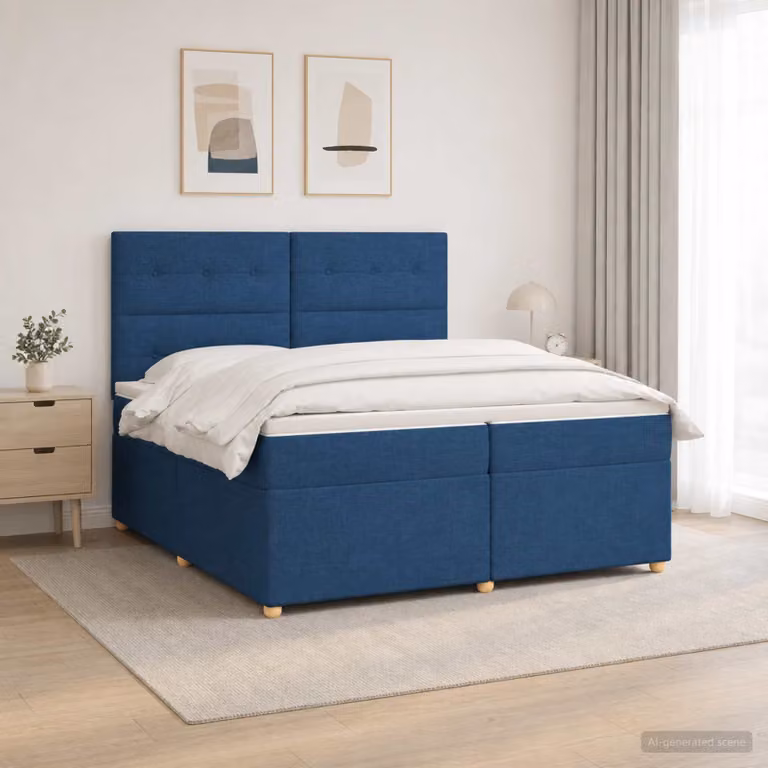 Letto box spring con materasso vidaXL in tessuto blu e bianco, con base a sollevamento, illuminazione sottostante e porta USB, L/P: 200 x 200 cm