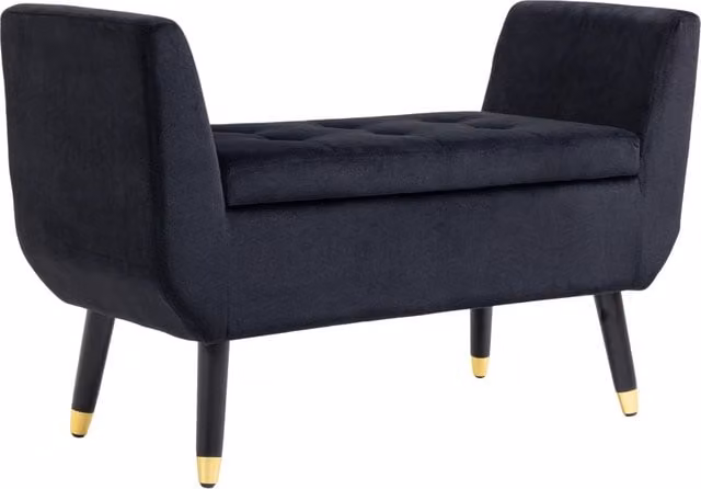 Panca imbottita con contenitore e braccioli XYLO in velluto nero con gambe in legno L: 107 cm, P: 42 cm, H: 65 cm