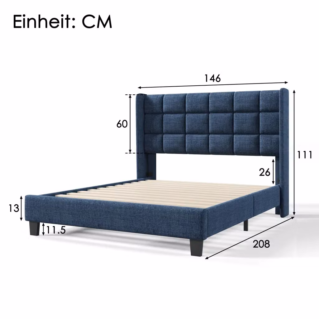 Letto matrimoniale imbottito Cipacho in lino blu con testiera e base a listelli L/P: 140 x 200 cm – 2