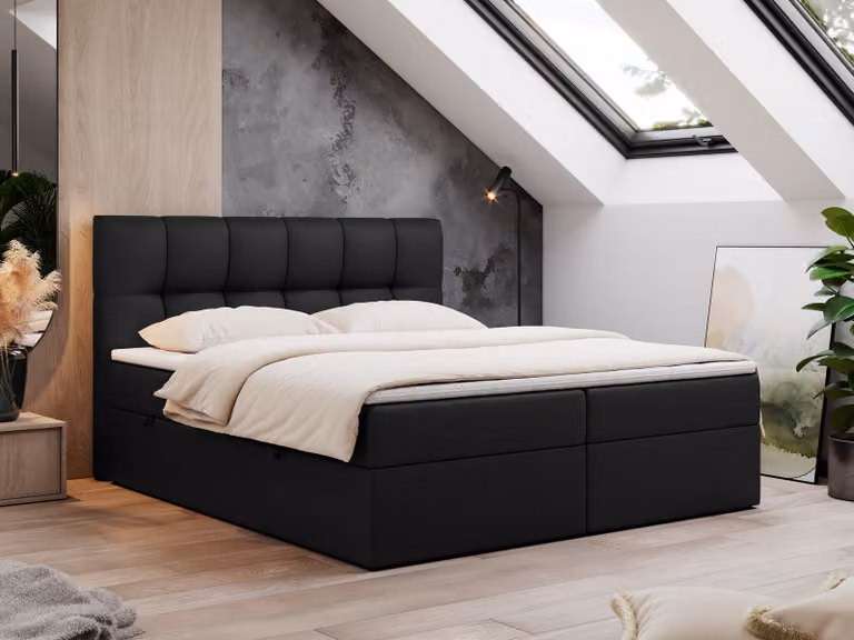 Letto boxspring 120x200 con contenitore, letto con materasso a tasche - topper H4, letto imbottito 120x200 con contenitore e testiera, letto boxspring con materasso H4 - RICO - 120x200 - Nero - Pelle finta - H4
