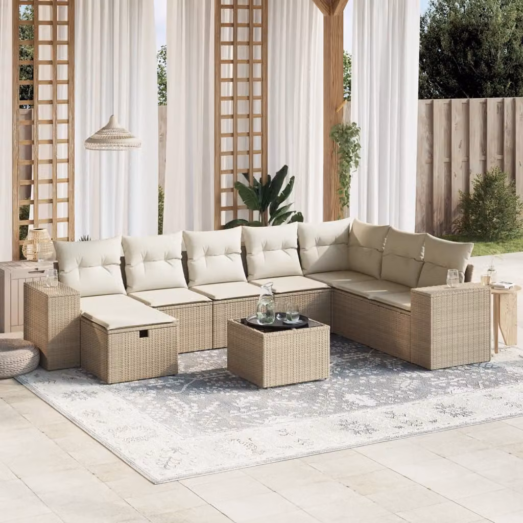 vidaXL Set Divano da Giardino a L 9 pz con Cuscini Beige e Tavolino in Polyrattan e Acciaio – 1