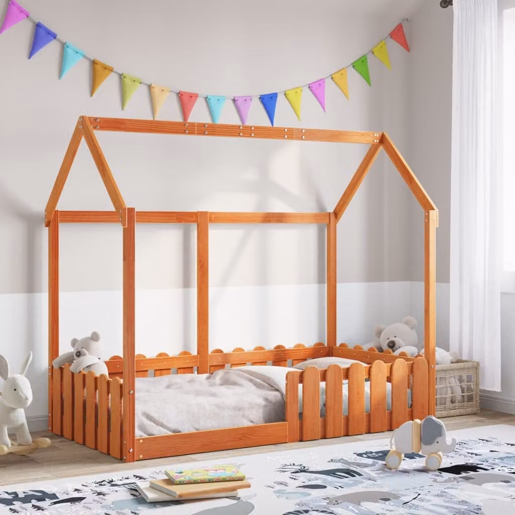 vidaXL Giroletto Casetta per Bambini in Legno di Pino Massello, Colore Marrone Cera, 80 x 160 cm – 1