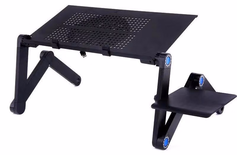 Tavolino per laptop e lapdesk - Supporto regolabile e pieghevole - Grande ventola di raffreddamento singola - Alluminio - Con tappetino per mouse - Per letto/divano - Nero