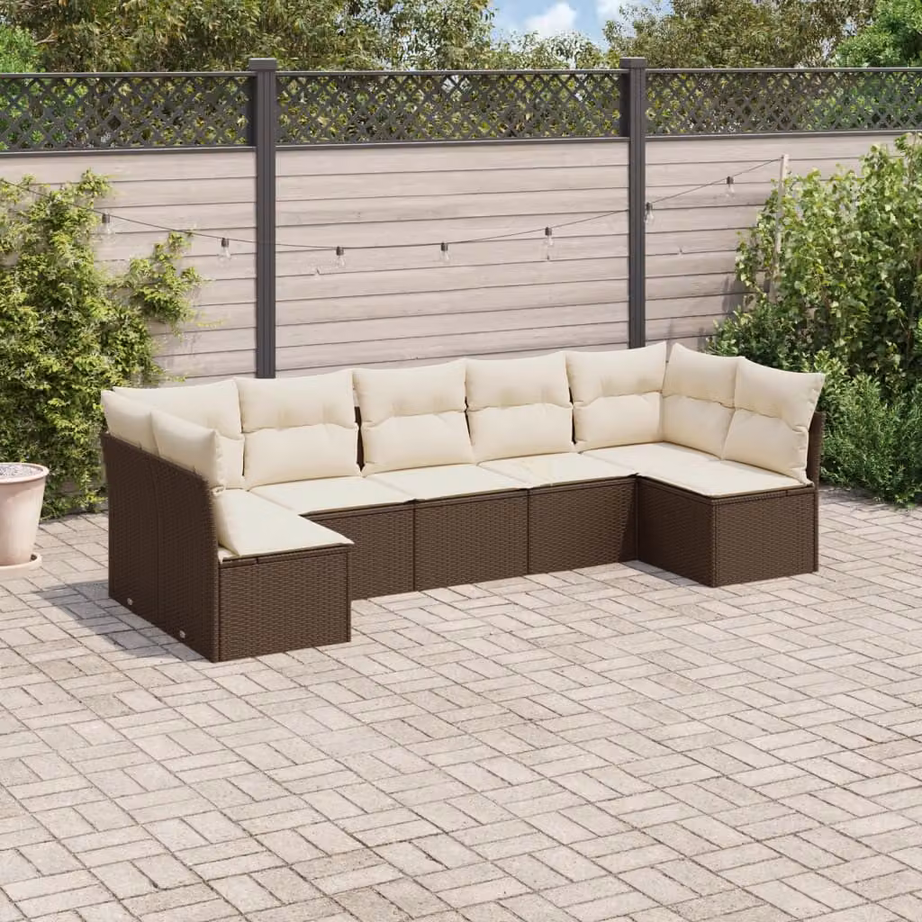 Set di Divani da Giardino vidaXL 7 pz a Forma a L con Cuscini Marrone e Bianco in Polyrattan e Acciaio – 1