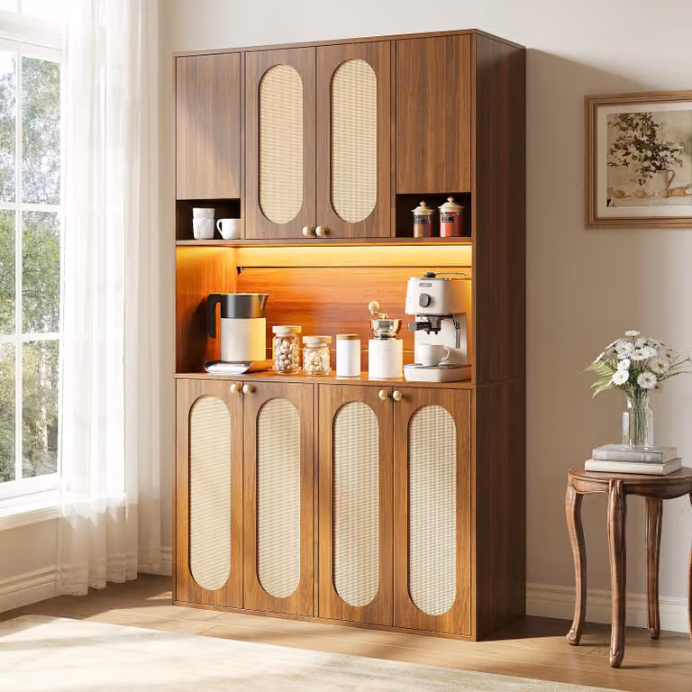 Mobiletto alto in rattan PE, con illuminazione LED regolabile, contenitore per stoviglie e provviste, credenza, stile naturale