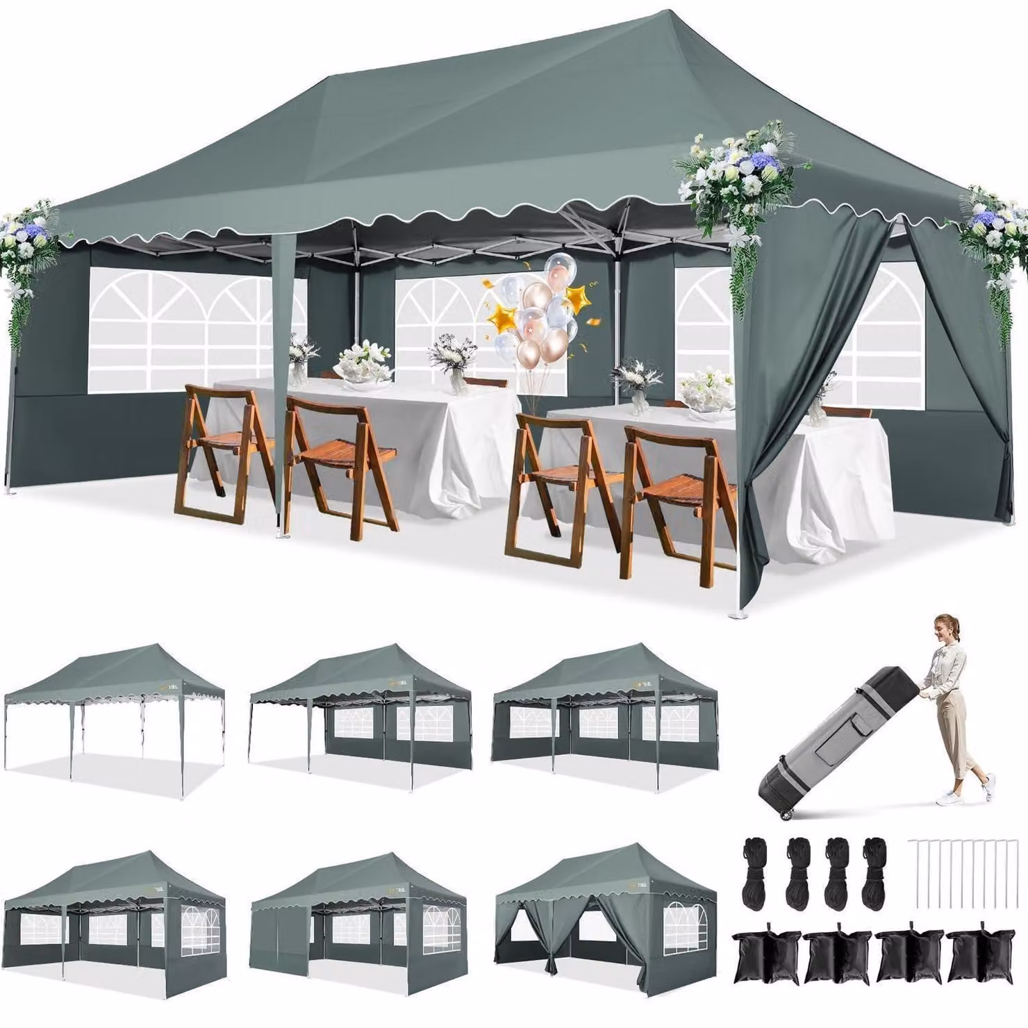 Gazebo da esterno 3x6 metri, grigio, impermeabile, stabile, con 6 pareti laterali, protezione UV 50+, inclusa borsa con ruote