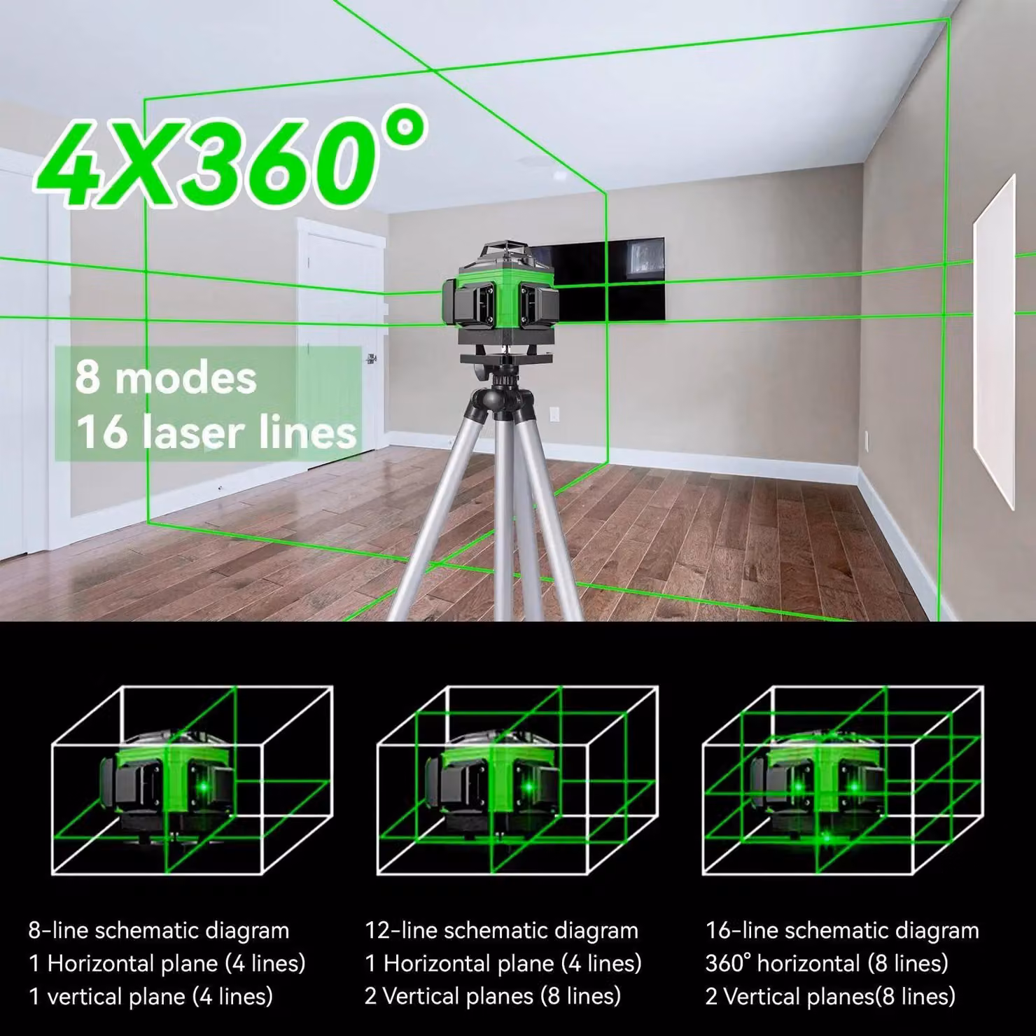 Livella laser 4D a 16 linee - Livella laser a croce autonivelante - 360° orizzontale e verticale - Raggio verde - Ricaricabile - Spina di tipo EU